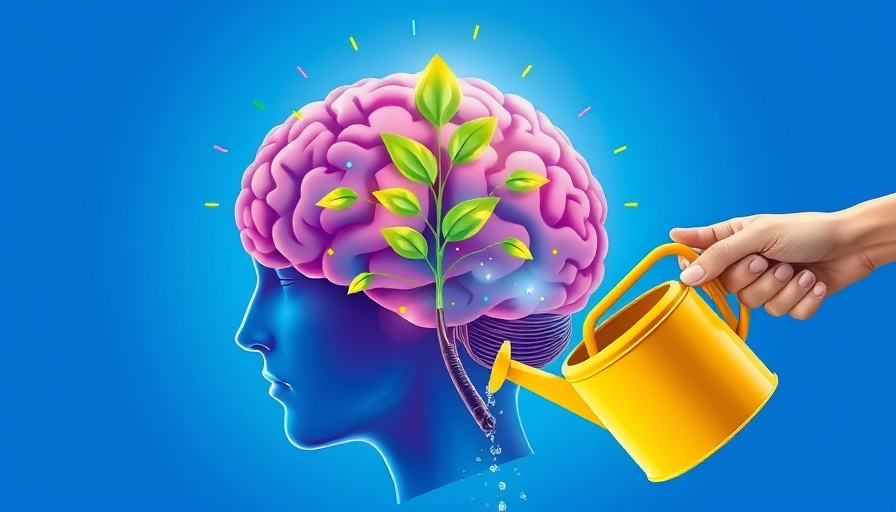 Conceptual art of brain health habits with a brain and watering can.
