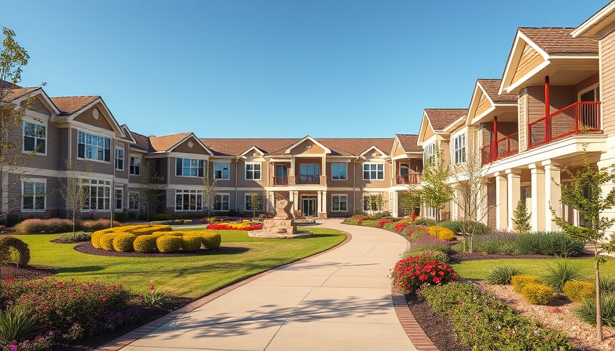 Modern senior living development in Plano with landscaped gardens.