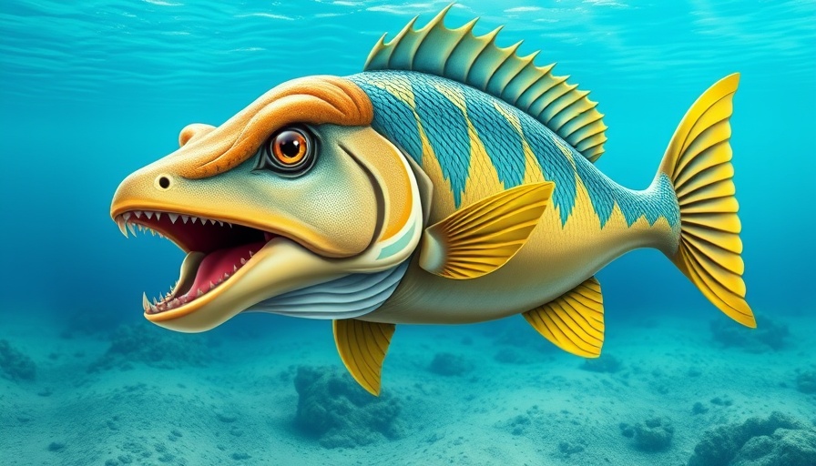 Vivid prehistoric fish from 310 million years ago with blue and yellow scales.