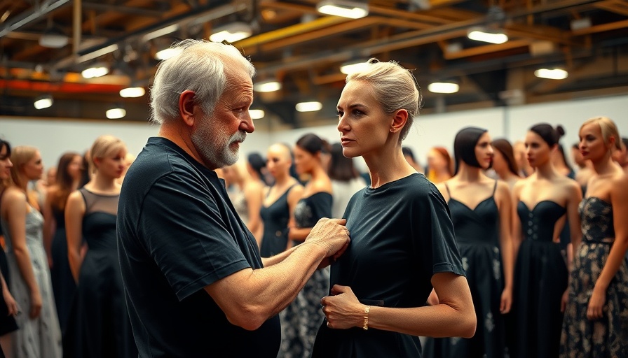 Fashion icon adjusting model's dress backstage for Giorgio Armani's legacy.