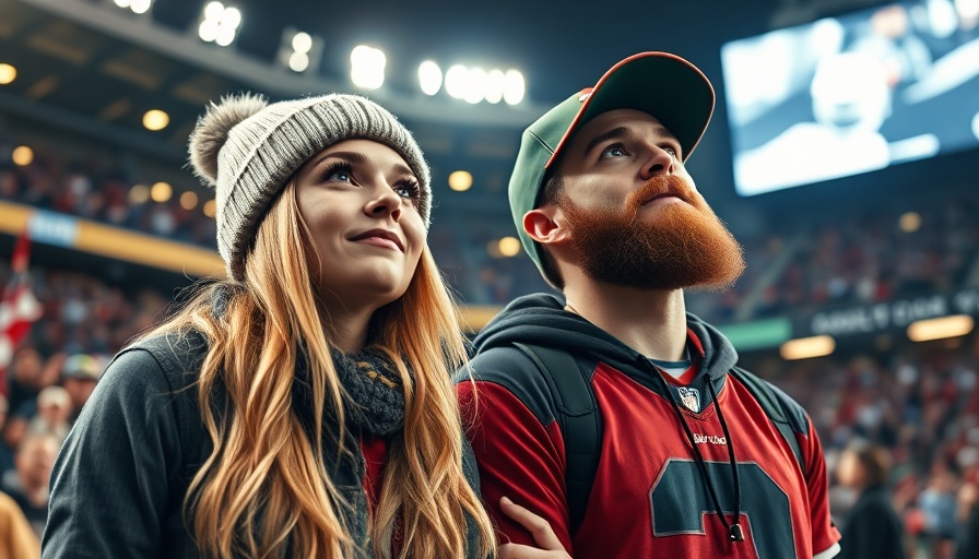 Casual couple at a stadium event under bright lights.