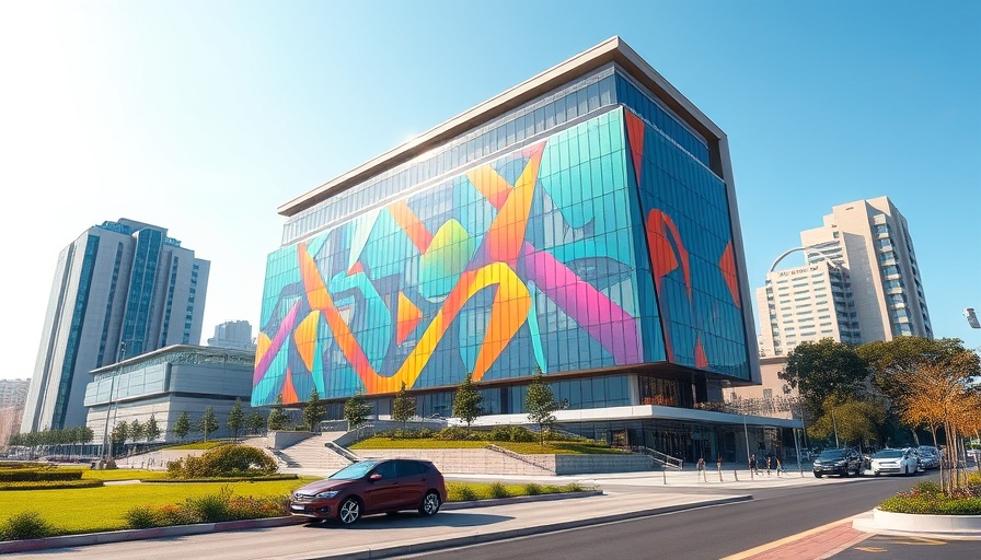 Modern building in San Antonio with mural, representing business progress.