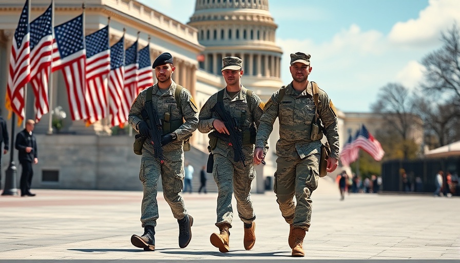 National Guard members in front of D.C. Capitol, flags waving.