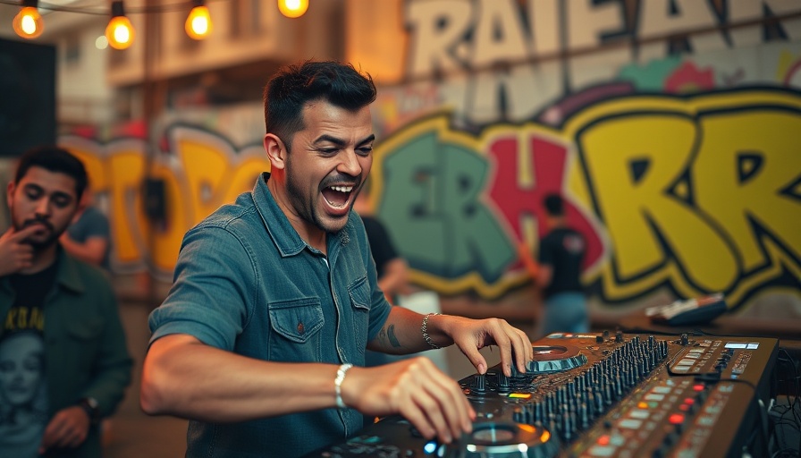 Excited DJ mixing music at rooftop event, sports culture connection.
