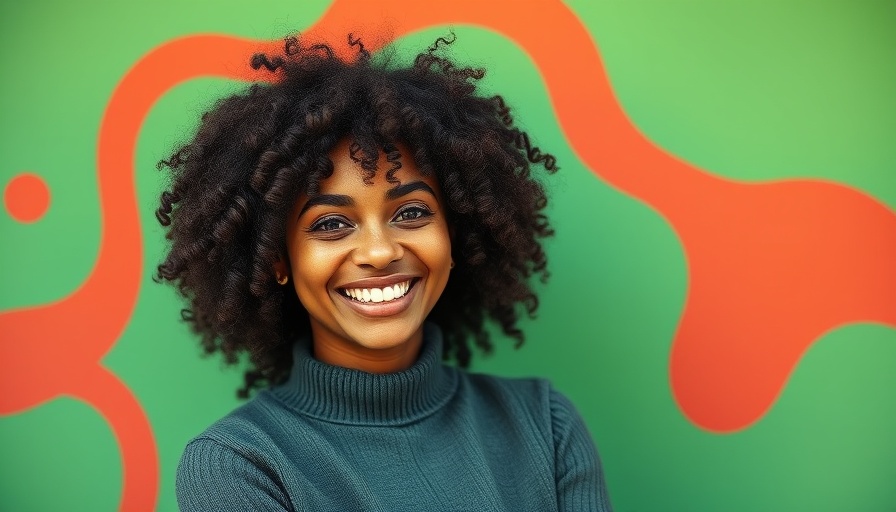 Confident woman with curly hair embodying a healthy lifestyle, smiling warmly, with abstract colorful background.