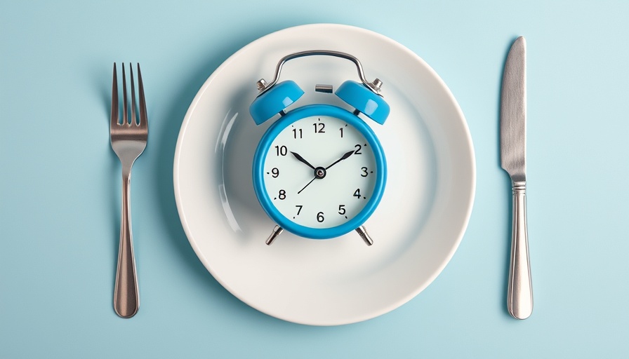 Blue alarm clock on plate representing breakfast timing and longevity.