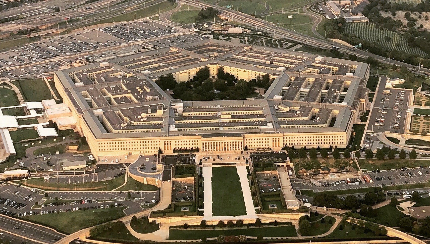 Aerial view with sunlight over the Pentagon, return of the War Department