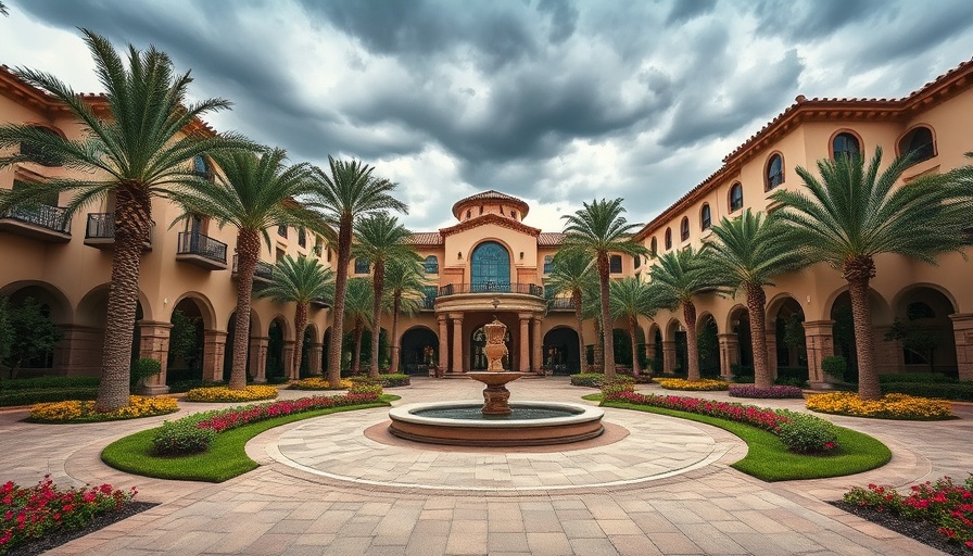 Elegant Doral resort entrance with palm trees and fountain, G20 summit at Doral.