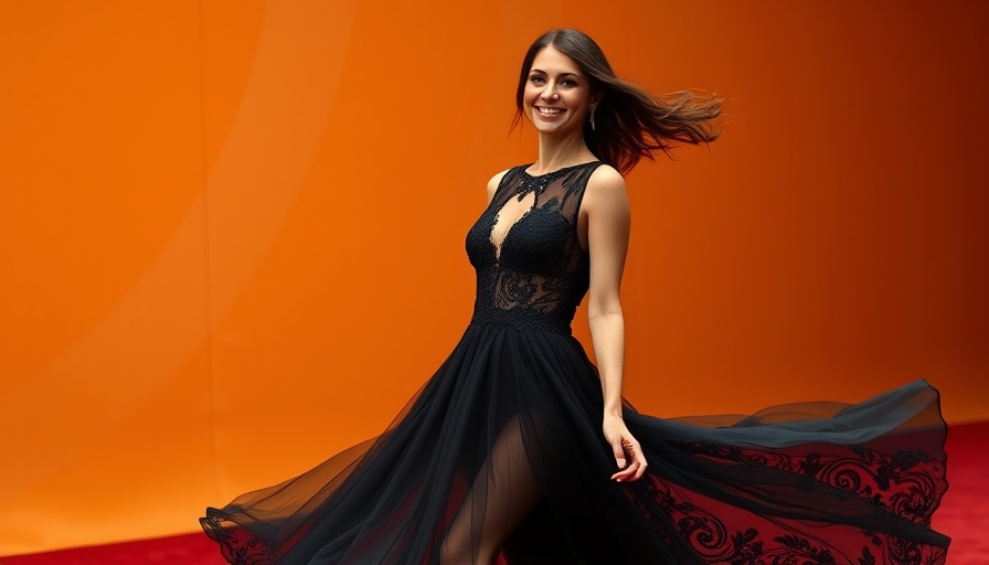 Elegant woman walking confidently in a black lace gown