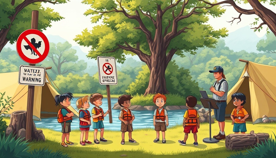 Texas summer camp safety measures with flood signs and equipment.