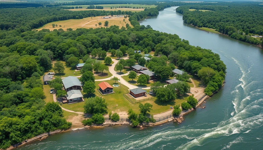 Aerial view of Texas summer camp near floodplain, showcasing safety laws.
