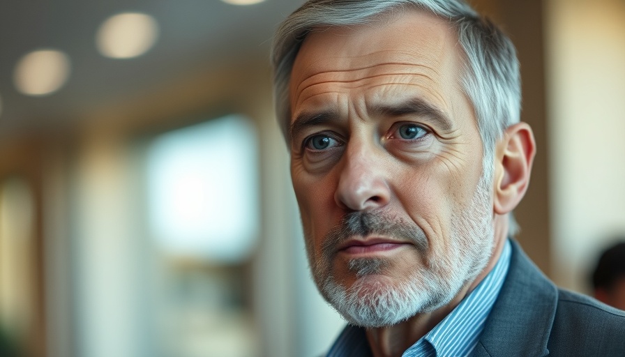 Confident older man, serious expression, blurred background.