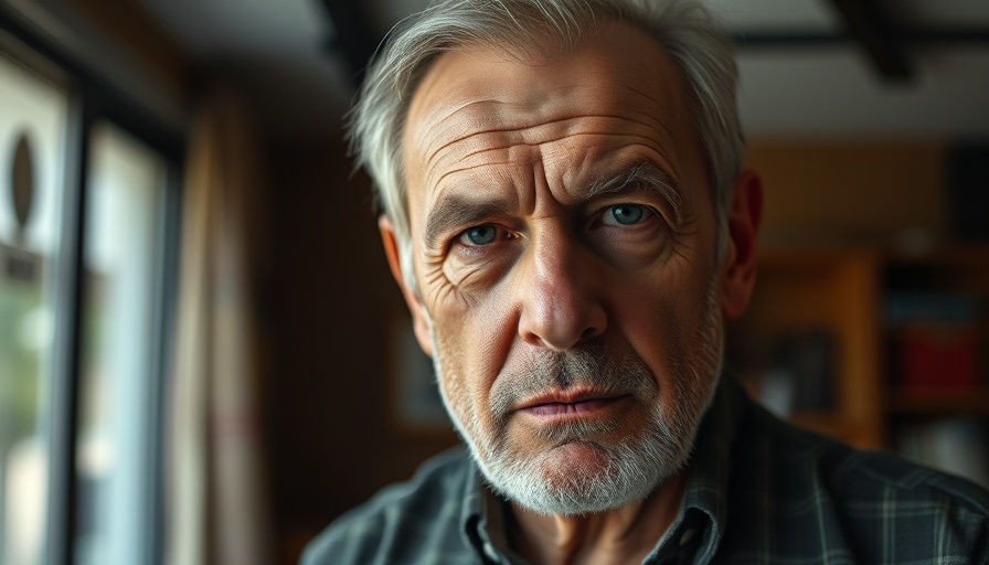 Older man with serious expression, focused look, blurred background.