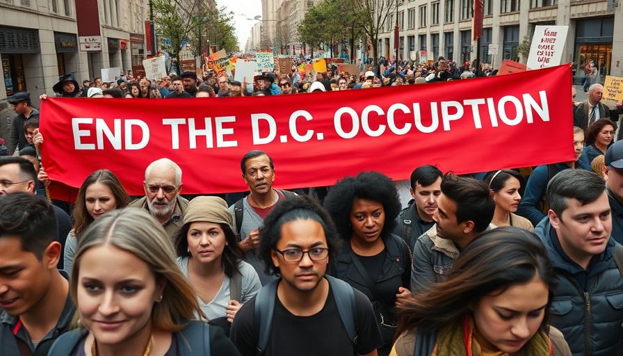 Protesters march in Washington D.C. with 'End the D.C. Occupation' banner.