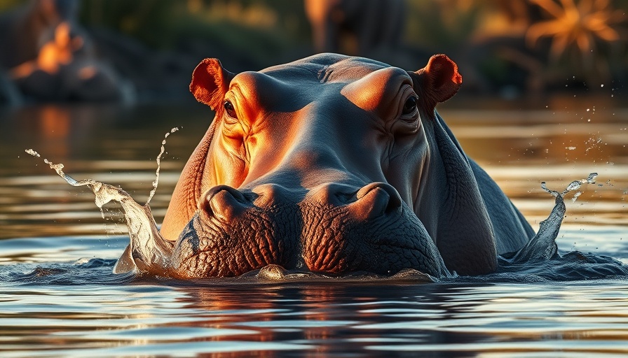Hippopotamus eyes above water, river scene, hippo capsizes boat