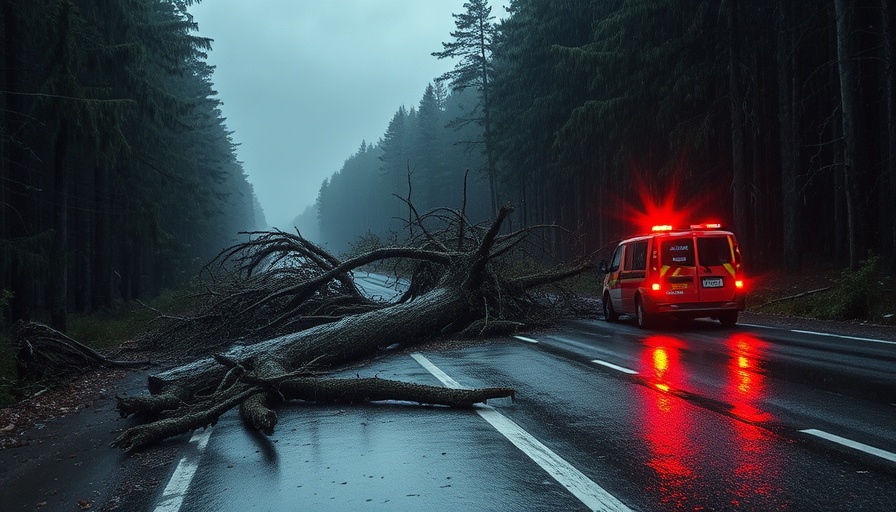 Stormy road with fallen trees and emergency lights, tornado warnings.