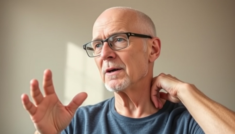 Bald man teaching neck exercise for senior stress relief.