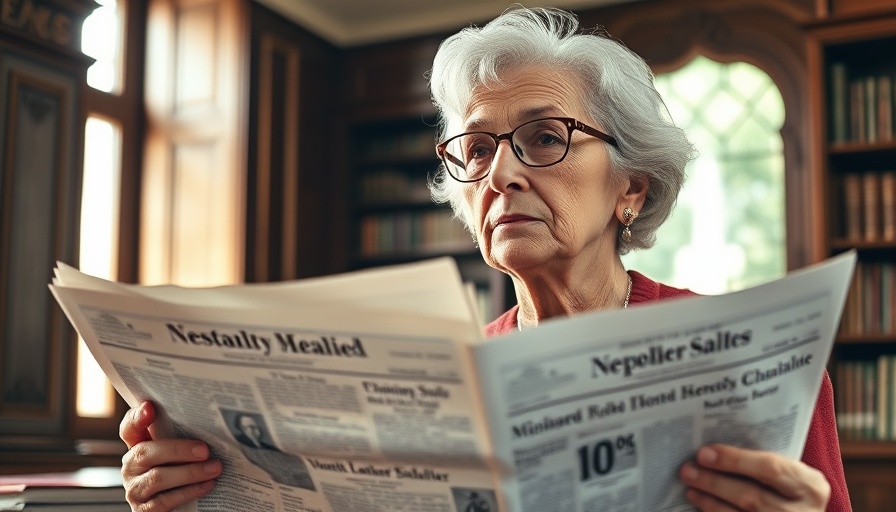 Older woman holding historical newspapers in a library, soft lighting.