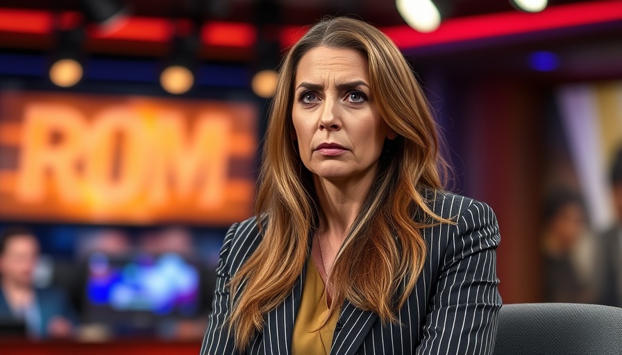 Concerned woman in striped suit on talk show set.