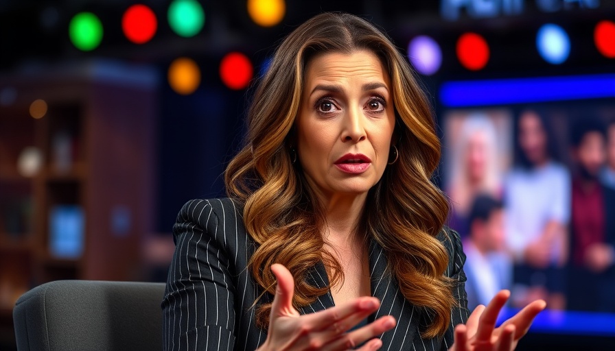 Concerned talk show guest discusses an important topic on a colorful set.