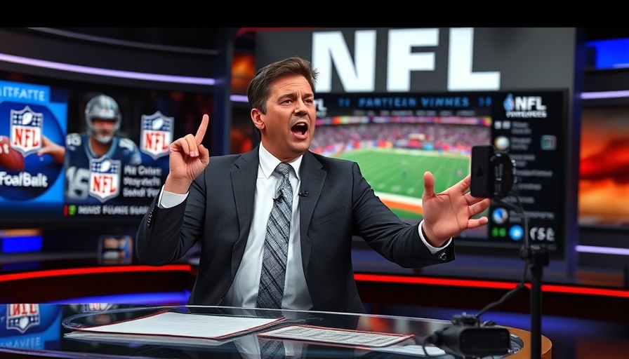 Energetic sports show host discusses NFL news in a vibrant studio.