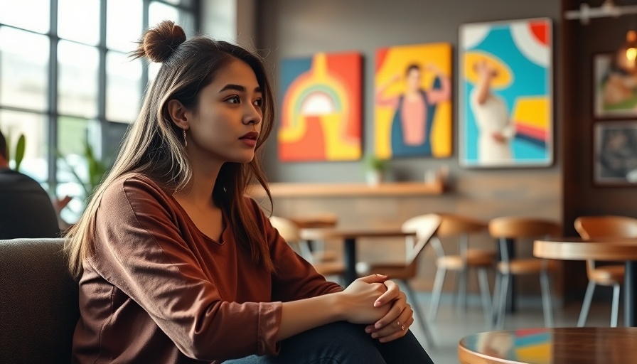 Young woman discussing San Antonio flood control initiatives in a modern cafe.