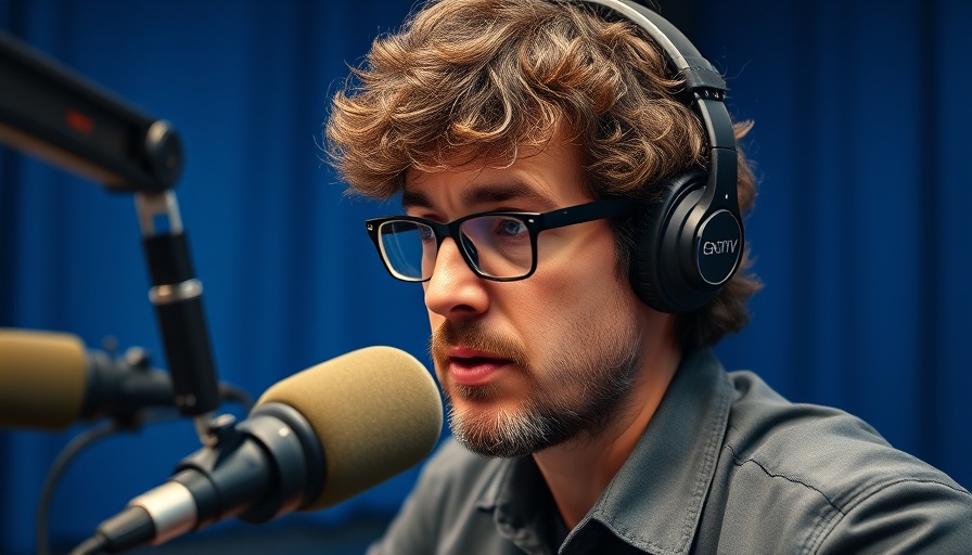 Curly-haired man on radio discussing breaking news, blue backdrop.