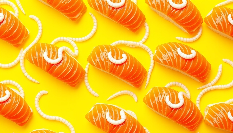 Salmon sushi with worms on yellow background, unsettling pattern.