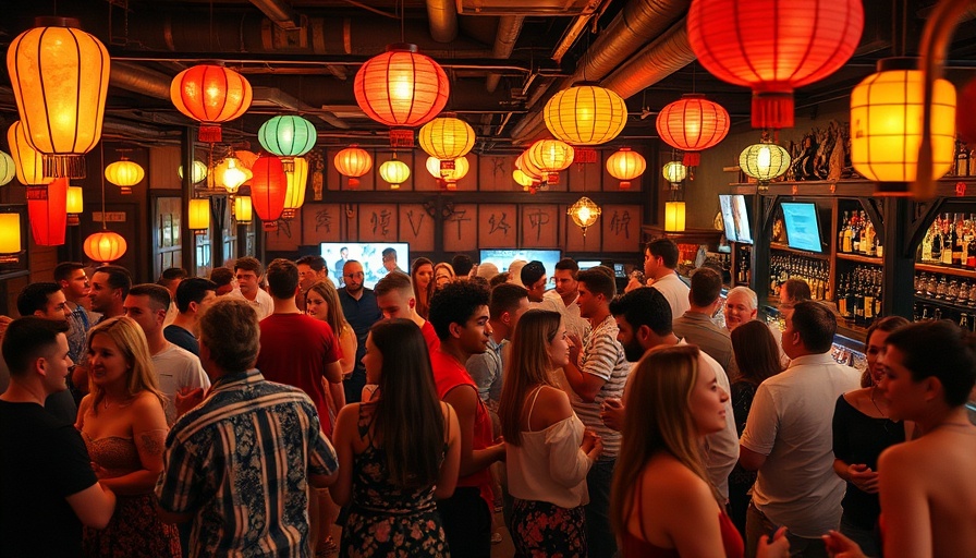 Lively Austin bar scene with diverse crowd, vibrant Asian-themed decor.