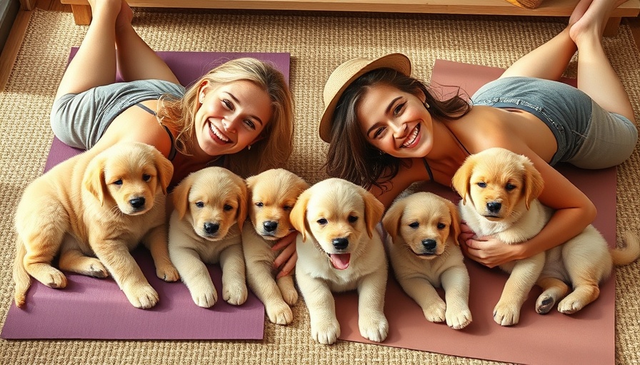 Joyful women in puppy yoga wellness session with fluffy golden puppies.