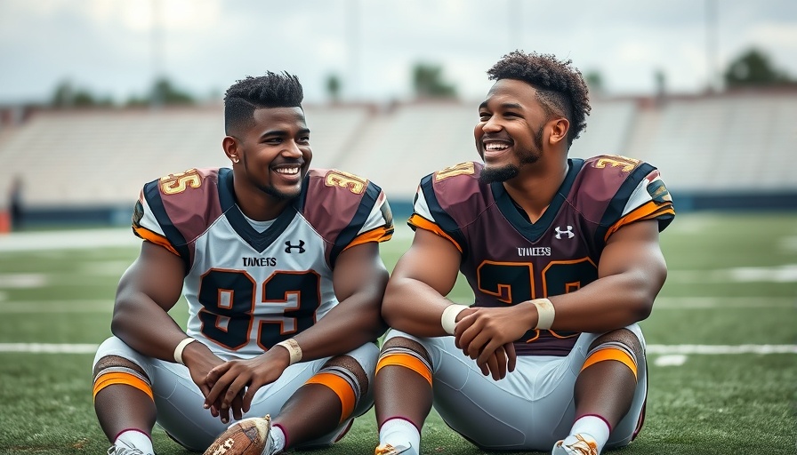 Casual team moment with two NFL players sitting on the field, smiling.