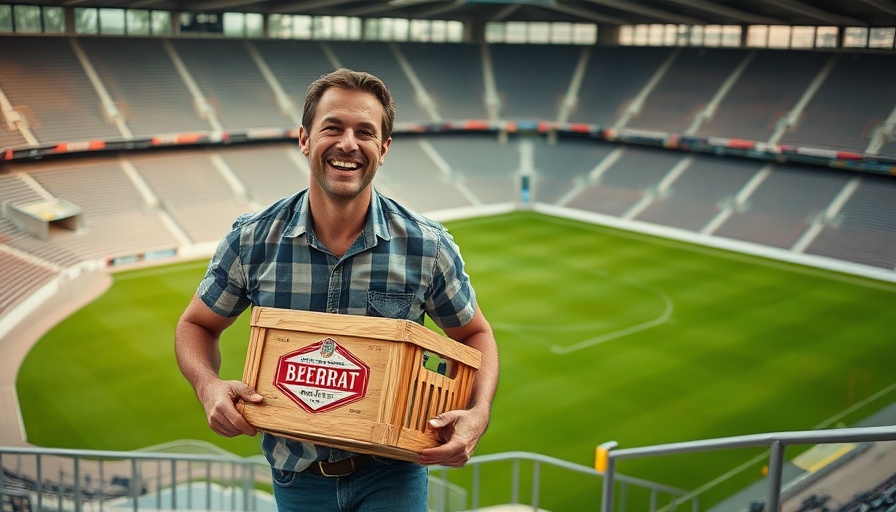 Man supporting local beer vendor with joyful expression in stadium.