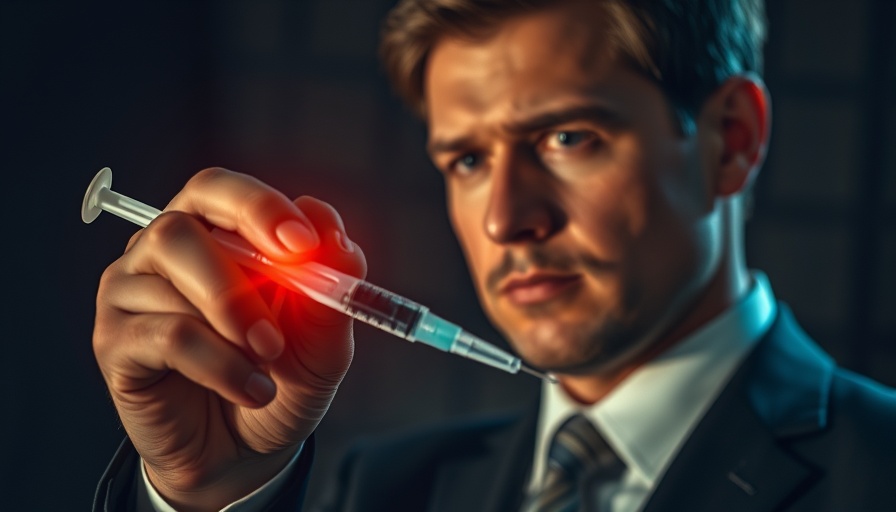 Syringe and thoughtful man in suit reflecting on vaccine policies.