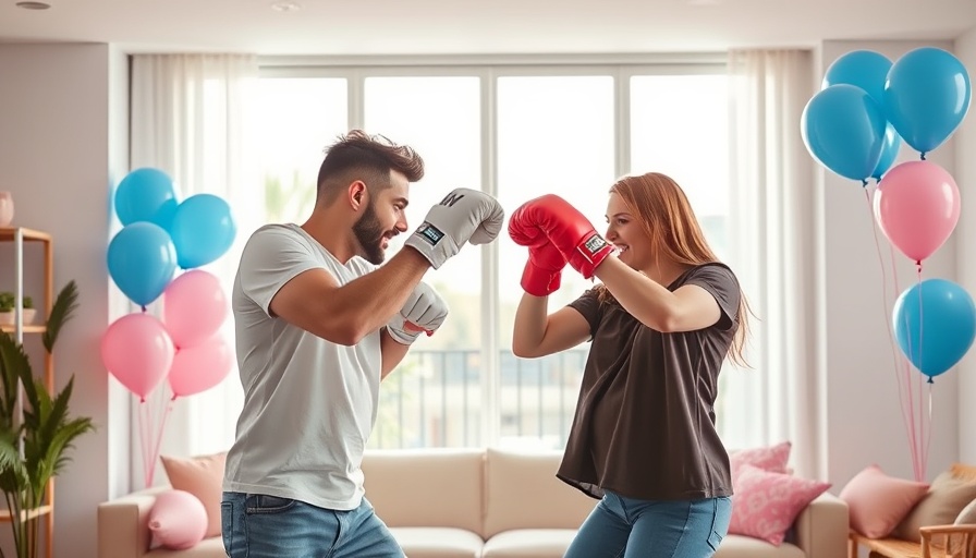 Energetic gender reveal boxing match with balloons in a modern room.