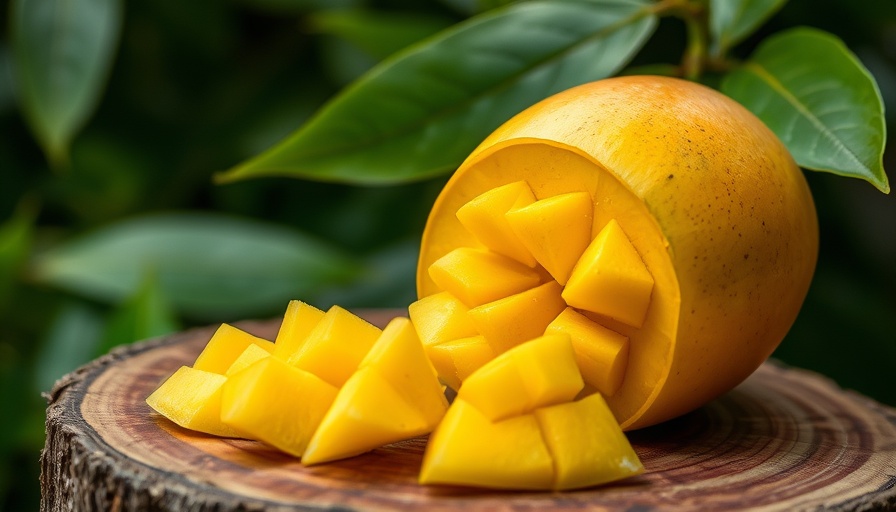Close-up of ripe Ataulfo mango on rustic slab with green leaves.
