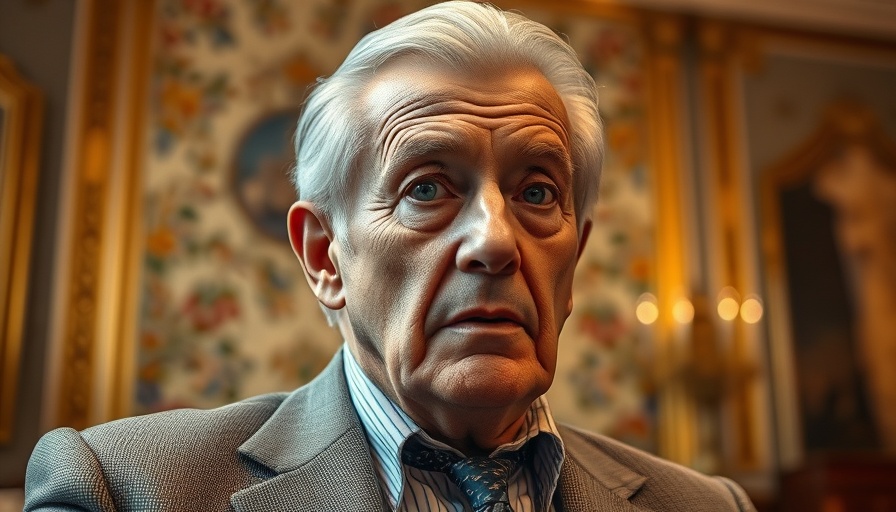 Older man in suit speaking in ornate room, vibrant colors, warm lighting.