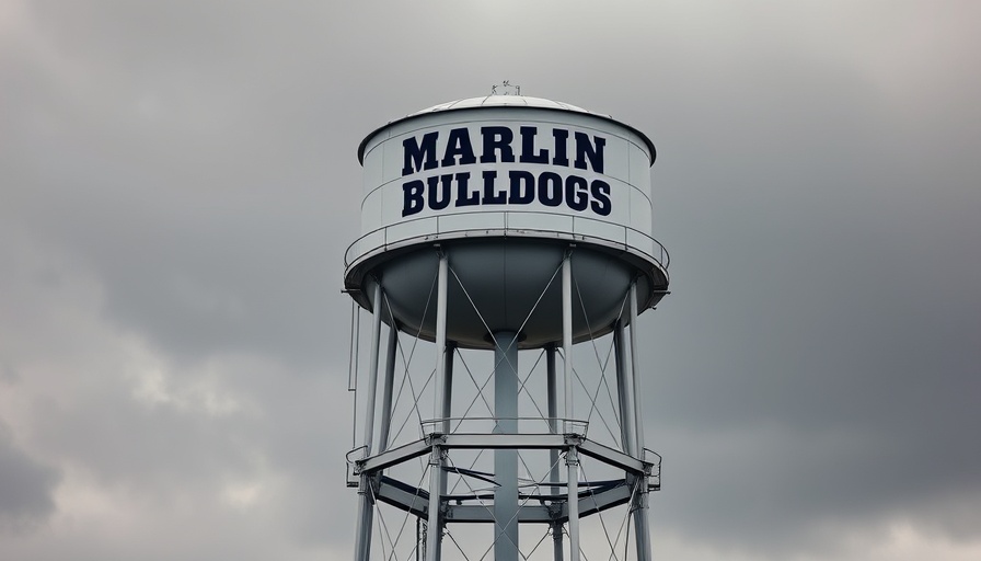 Texas water testing in prisons; Marlin Bulldogs water tower against gray sky.