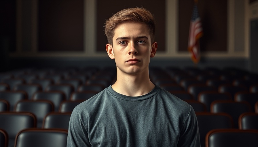Thoughtful young man and empty formal setting, Charlie Kirk shot in focus.