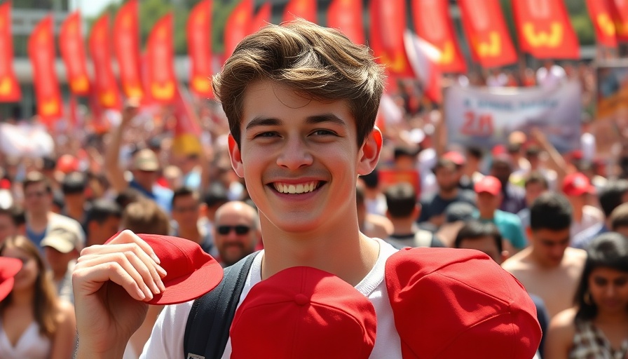 Young man smiling at a rally holding red caps, sunny day.