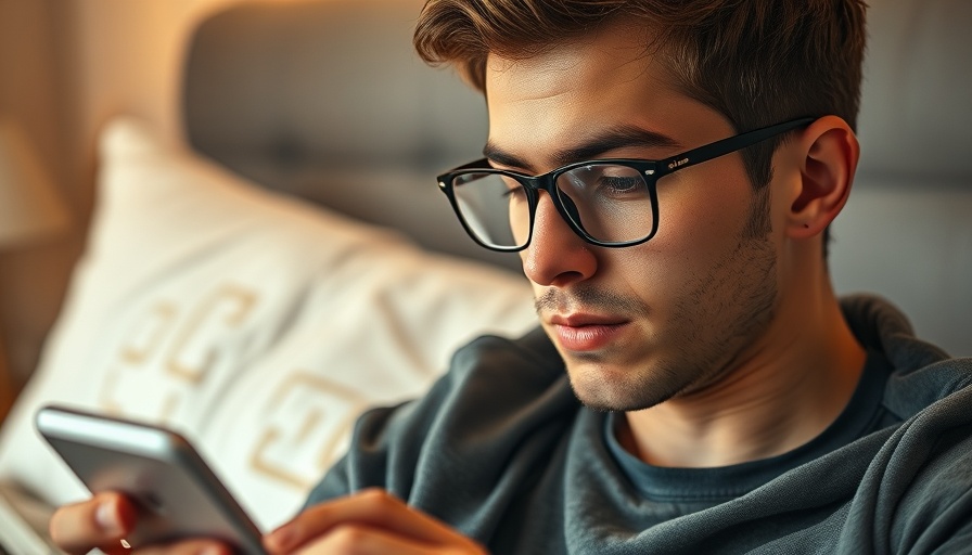 Focused young man with glasses while using smartphone, related to how chronic insomnia accelerates brain aging.