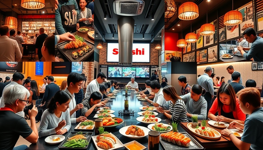Vibrant sushi dining experience in Houston; people enjoying all you can eat sushi.