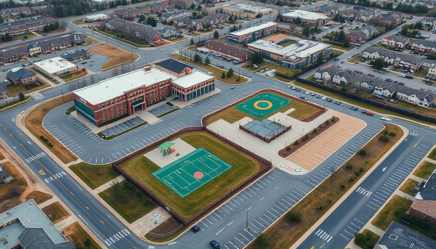 Aerial view of school campus showing signs of enrollment decline