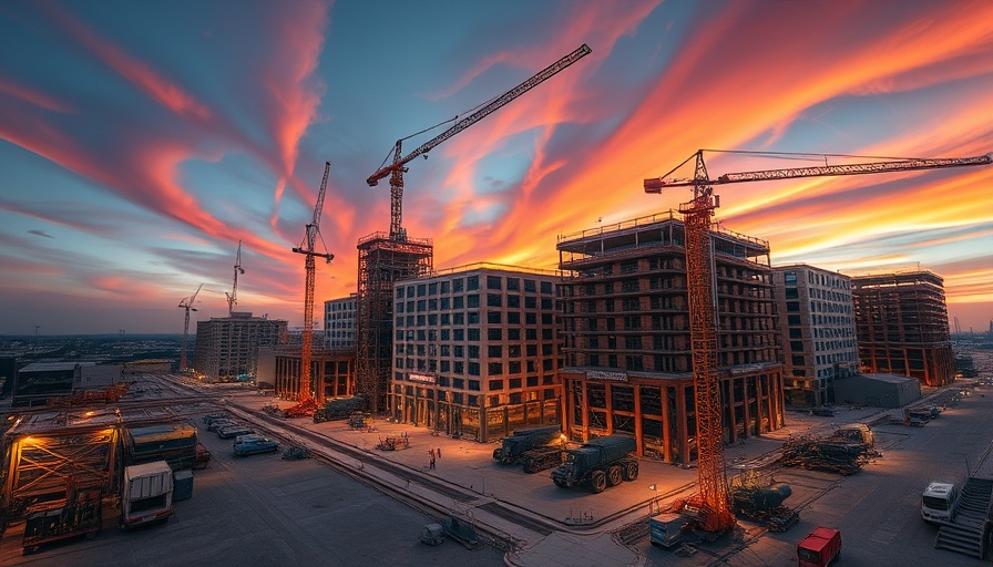 3D printed concrete construction site at dusk with machinery.