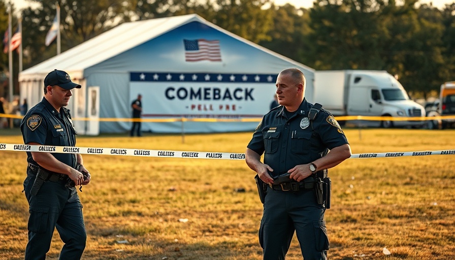 Law enforcement securing event area with 'American Comeback' tent.