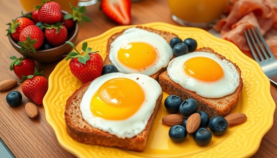Vibrant breakfast plate with eggs, fruit, and nuts.