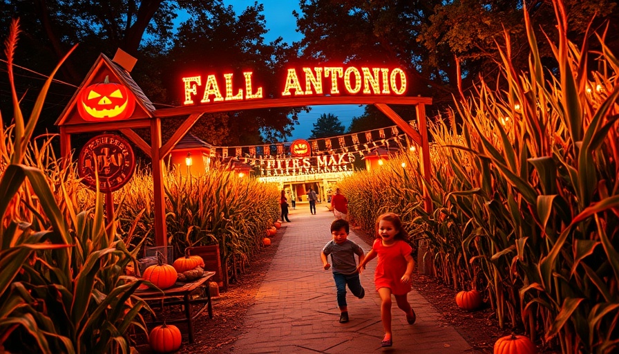 San Antonio fall festivals display with corn maze and Halloween lights.