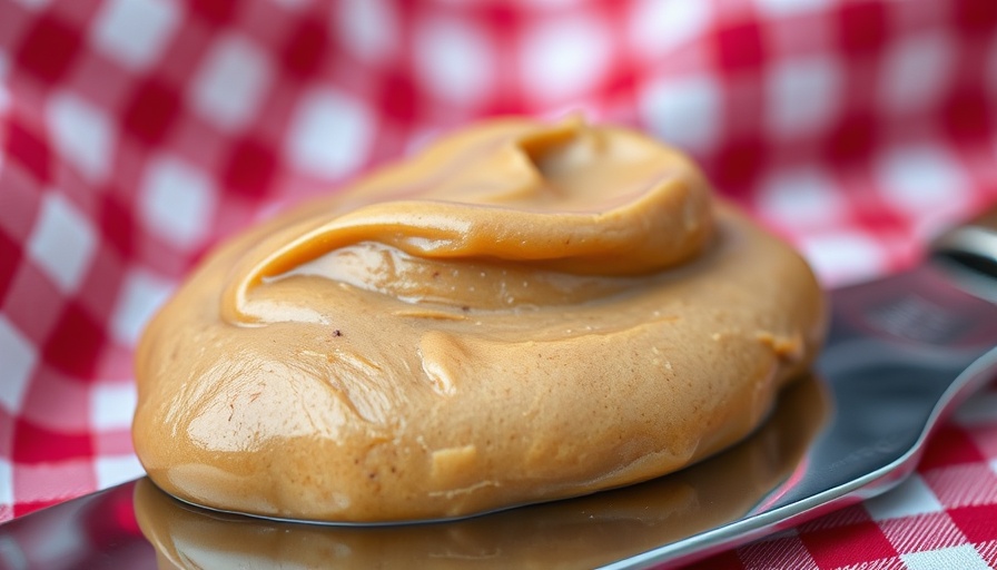 Creamy peanut butter on knife, foods high in protein focus.