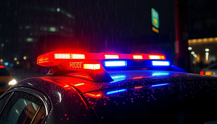 Police car with flashing lights in San Antonio night scene highlighting pedestrian safety.
