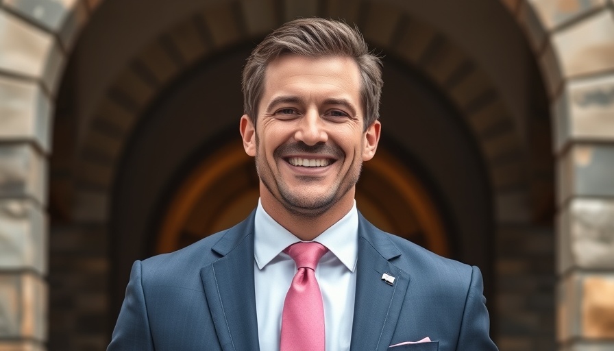 Cheerful man standing in a stone entryway, exuding confidence