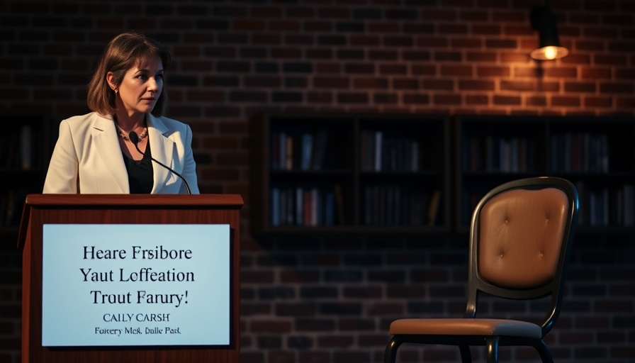 Solemn woman at podium with tribute message, empty chair, brick wall.